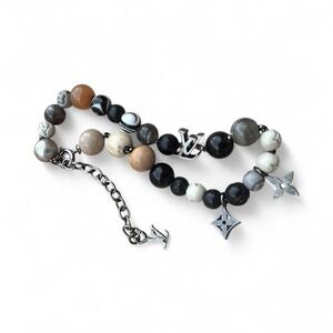 LOUIS VUITTON Monogram Chain Bracelet Gunmetal Natural Stone Beaded Rare